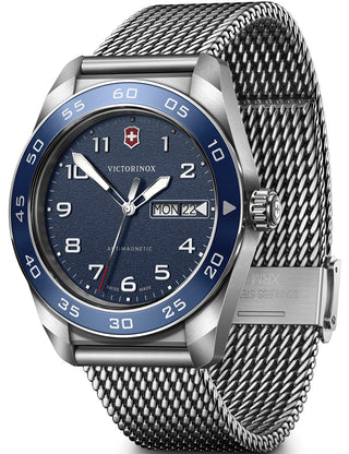 Front view of Victorinox 242042 Blue Dial Silver Stainless Steel Unisex Watch on white background