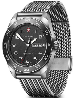 Front view of Victorinox 242043 Black Dial Silver Stainless Steel Unisex Watch on white background