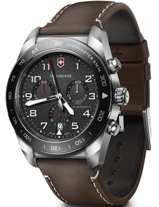 Front view of Victorinox Chronograph 242046 Blue Dial Brown Leather Unisex Watch on white background