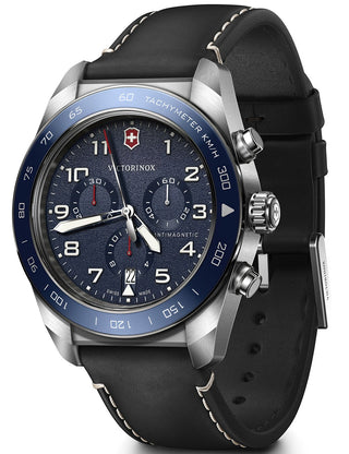 Front view of Victorinox Chronograph 242047 Blue Dial Black Leather Unisex Watch on white background