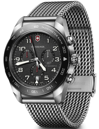 Front view of Victorinox Chronograph 242048 Black Dial Silver Stainless Steel Unisex Watch on white background