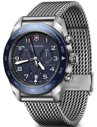 Front view of Victorinox Chronograph 242049 Blue Dial Silver Stainless Steel Unisex Watch on white background