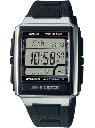 Front view of Casio Wave Ceptor World Time Radio Controlled Radio Signal Receiver WV-59R-1AEF Grey Dial Black Resin Unisex Watch on white background