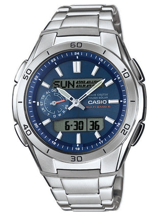 Front view of Casio Wave Ceptor Multiband 6 Tough Solar WVA-M650D-2AER Blue Dial Silver Stainless Steel Unisex Watch on white background