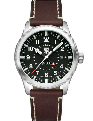 Front view of Luminox XA.9521 Black Dial Brown Leather Unisex Watch on white background