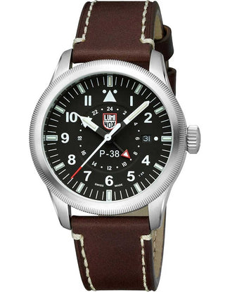 Angle shot of Luminox XA.9521 Black Dial Brown Leather Unisex Watch on white background