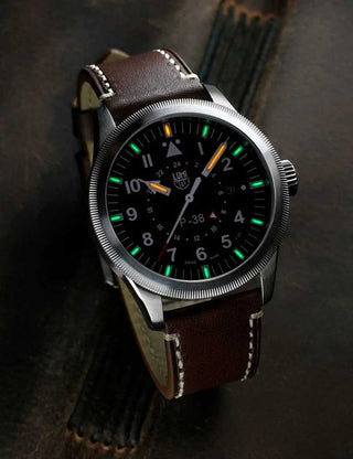 Angle shot of Luminox XA.9521 Black Dial Brown Leather Unisex Watch on white background