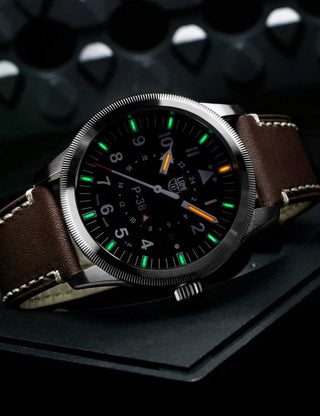 Angle shot of Luminox XA.9521 Black Dial Brown Leather Unisex Watch on white background