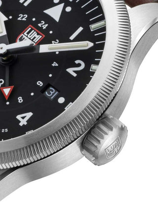 Angle shot of Luminox XA.9521 Black Dial Brown Leather Unisex Watch on white background