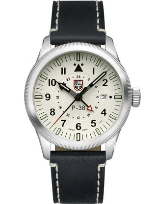 Front view of Luminox XA.9527 White Dial Black Leather Unisex Watch on white background