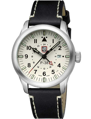 Angle shot of Luminox XA.9527 White Dial Black Leather Unisex Watch on white background