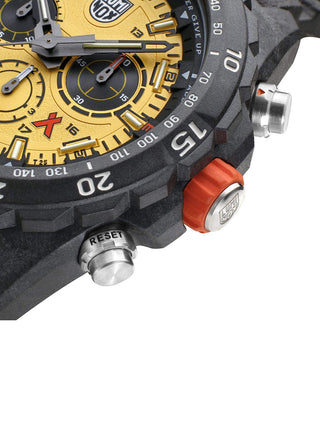 Angle shot of Luminox Chronograph XB.3745 Yellow Dial Black Strap Unisex Watch on white background