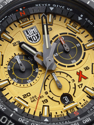 Angle shot of Luminox Chronograph XB.3745 Yellow Dial Black Strap Unisex Watch on white background