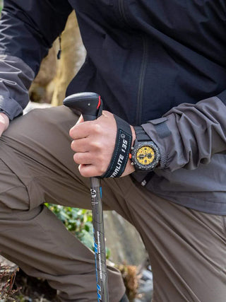 Angle shot of Luminox Chronograph XB.3745 Yellow Dial Black Strap Unisex Watch on white background
