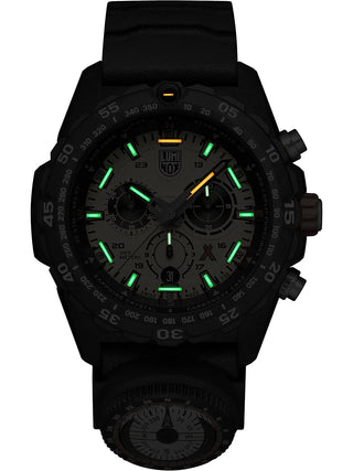 Angle shot of Luminox Chronograph XB.3745 Yellow Dial Black Strap Unisex Watch on white background