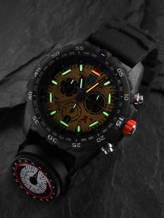 Angle shot of Luminox Chronograph XB.3745 Yellow Dial Black Strap Unisex Watch on white background