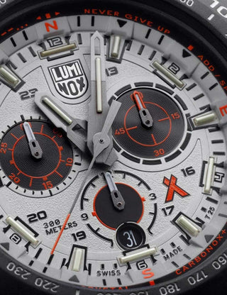 Angle shot of Luminox Chronograph XB.3748 Grey Dial Black Strap Unisex Watch on white background