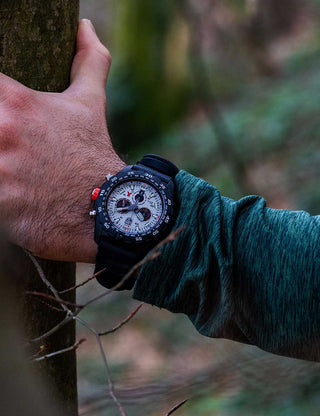 Angle shot of Luminox Chronograph XB.3748 Grey Dial Black Strap Unisex Watch on white background