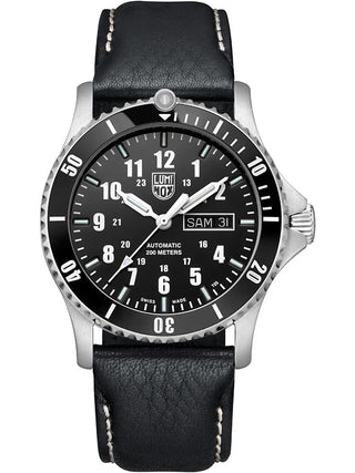 Front view of Luminox XS.0921 Black Leather Unisex Watch on white background