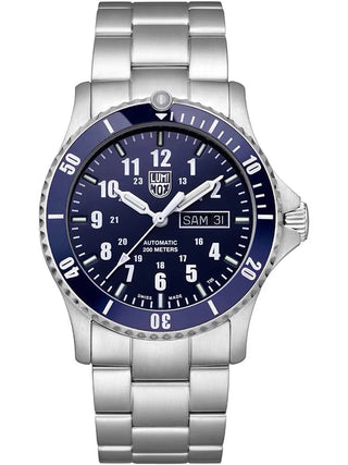 Front view of Luminox XS.0924 Blue Dial Silver Stainless Steel Unisex Watch on white background
