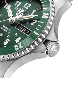 Angle shot of Luminox XS.0937 Green Dial Silver Stainless Steel Unisex Watch on white background