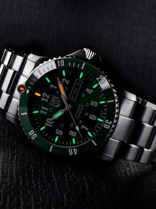 Angle shot of Luminox XS.0937 Green Dial Silver Stainless Steel Unisex Watch on white background