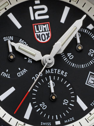 Angle shot of Luminox Chronograph XS.3141 Black Dial White Strap Unisex Watch on white background