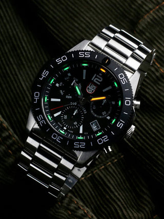 Angle shot of Luminox Chronograph XS.3142 Black Dial Silver Stainless Steel Unisex Watch on white background