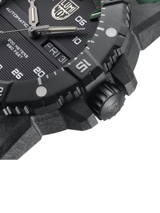 Angle shot of Luminox XS.3877 Black Dial Green Strap Unisex Watch on white background