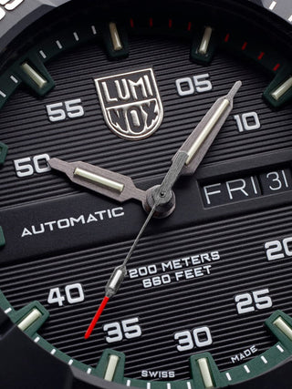 Angle shot of Luminox XS.3877 Black Dial Green Strap Unisex Watch on white background