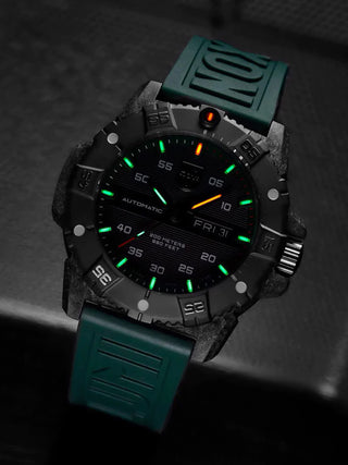 Angle shot of Luminox XS.3877 Black Dial Green Strap Unisex Watch on white background