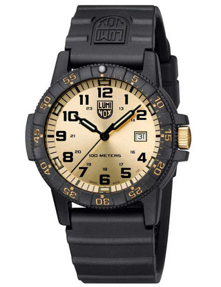 Angle shot of Luminox XS.0325.GP Gold Dial Black Silicone Unisex Watch on white background