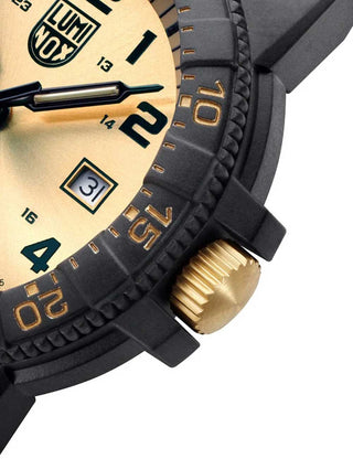 Angle shot of Luminox XS.0325.GP Gold Dial Black Silicone Unisex Watch on white background