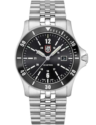 Front view of Luminox XS.0911 Black Dial Silver Stainless Steel Unisex Watch on white background