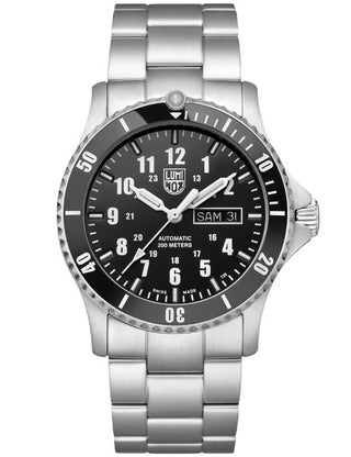 Front view of Luminox XS.0921.M Black Dial Silver Stainless Steel Unisex Watch on white background