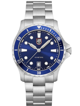 Front view of Luminox XS.0943 Blue Dial Silver Stainless Steel Unisex Watch on white background