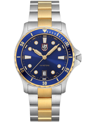 Front view of Luminox XS.0944 Blue Dial Gold Stainless Steel Unisex Watch on white background