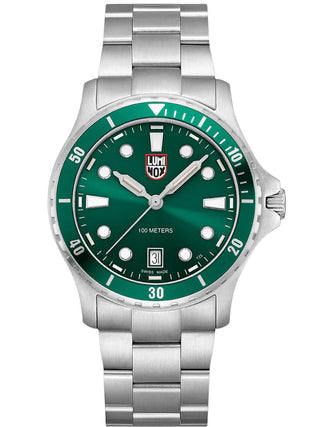 Front view of Luminox XS.0957 Green Dial Silver Stainless Steel Unisex Watch on white background