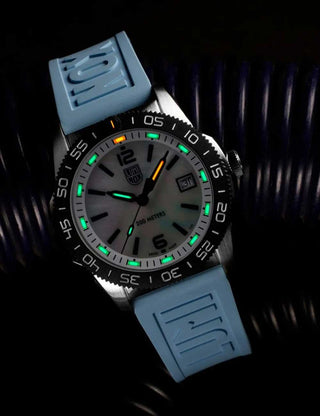 Angle shot of Luminox XS.3124M Mother Of Pearl Dial Blue Strap Unisex Watch on white background