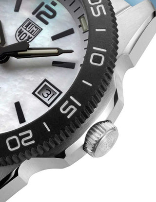 Angle shot of Luminox XS.3124M Mother Of Pearl Dial Blue Strap Unisex Watch on white background