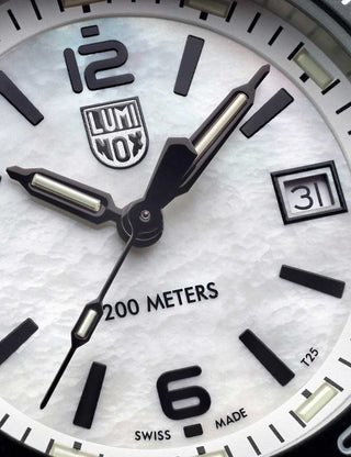 Angle shot of Luminox XS.3124M Mother Of Pearl Dial Blue Strap Unisex Watch on white background