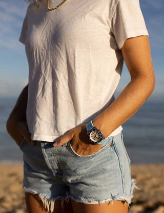 Angle shot of Luminox XS.3124M Mother Of Pearl Dial Blue Strap Unisex Watch on white background
