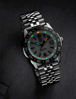 Angle shot of Luminox XS.3126M Mother Of Pearl Dial Silver Stainless Steel Unisex Watch on white background