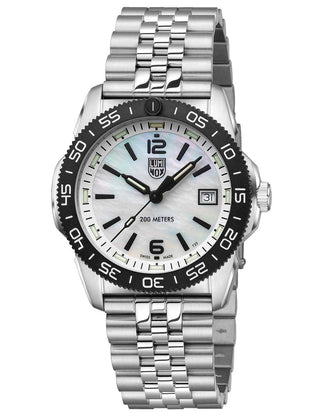 Angle shot of Luminox XS.3126M Mother Of Pearl Dial Silver Stainless Steel Unisex Watch on white background