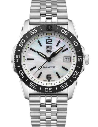 Front view of Luminox XS.3126M Mother Of Pearl Dial Silver Stainless Steel Unisex Watch on white background
