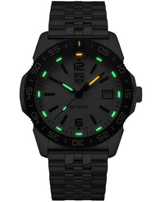 Angle shot of Luminox XS.3126M Mother Of Pearl Dial Silver Stainless Steel Unisex Watch on white background