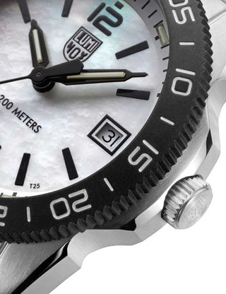 Angle shot of Luminox XS.3126M Mother Of Pearl Dial Silver Stainless Steel Unisex Watch on white background