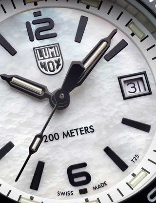 Angle shot of Luminox XS.3126M Mother Of Pearl Dial Silver Stainless Steel Unisex Watch on white background