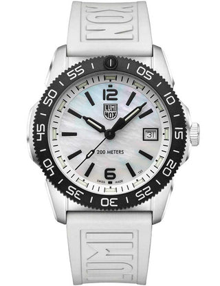 Front view of Luminox XS.3128M.SET Mother Of Pearl Dial Pink Strap Unisex Watch on white background