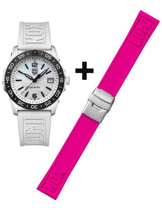 Angle shot of Luminox XS.3128M.SET Mother Of Pearl Dial Pink Strap Unisex Watch on white background